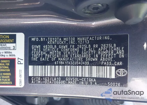 2014 Toyota Camry Xle V6 from USA, damaged, VIN 4T1BK1FK5EU543499
